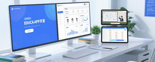 教育APP界面展示，包含在线课程和学习进度