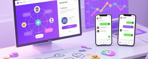 社交APP界面展示，包含聊天界面和动态分享功能