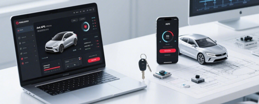 汽车APP界面展示，包含车辆状态监控和服务预约