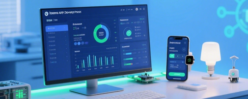 物联网APP界面展示，包含智能设备控制界面